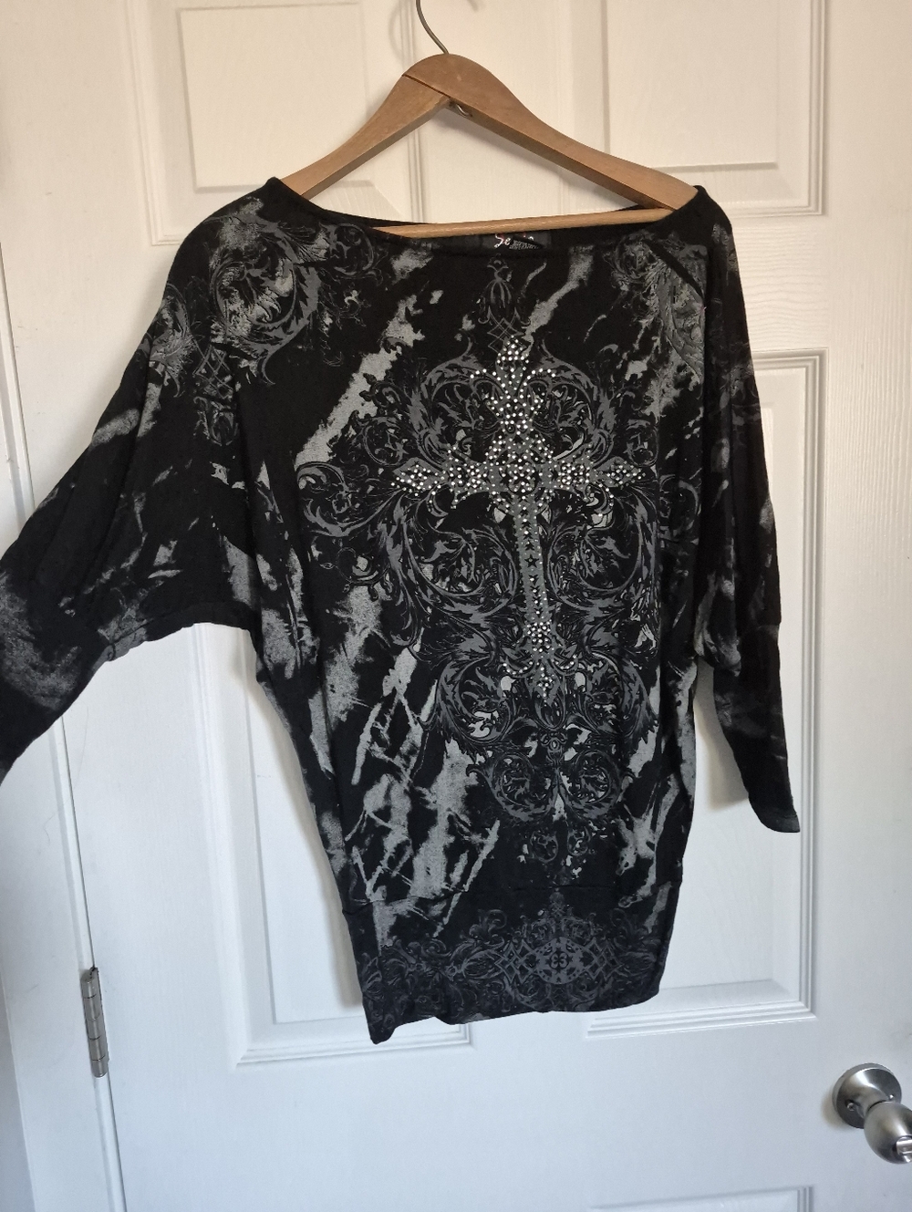 Y2K Black Tunic with Rhinestone Cross Graphic